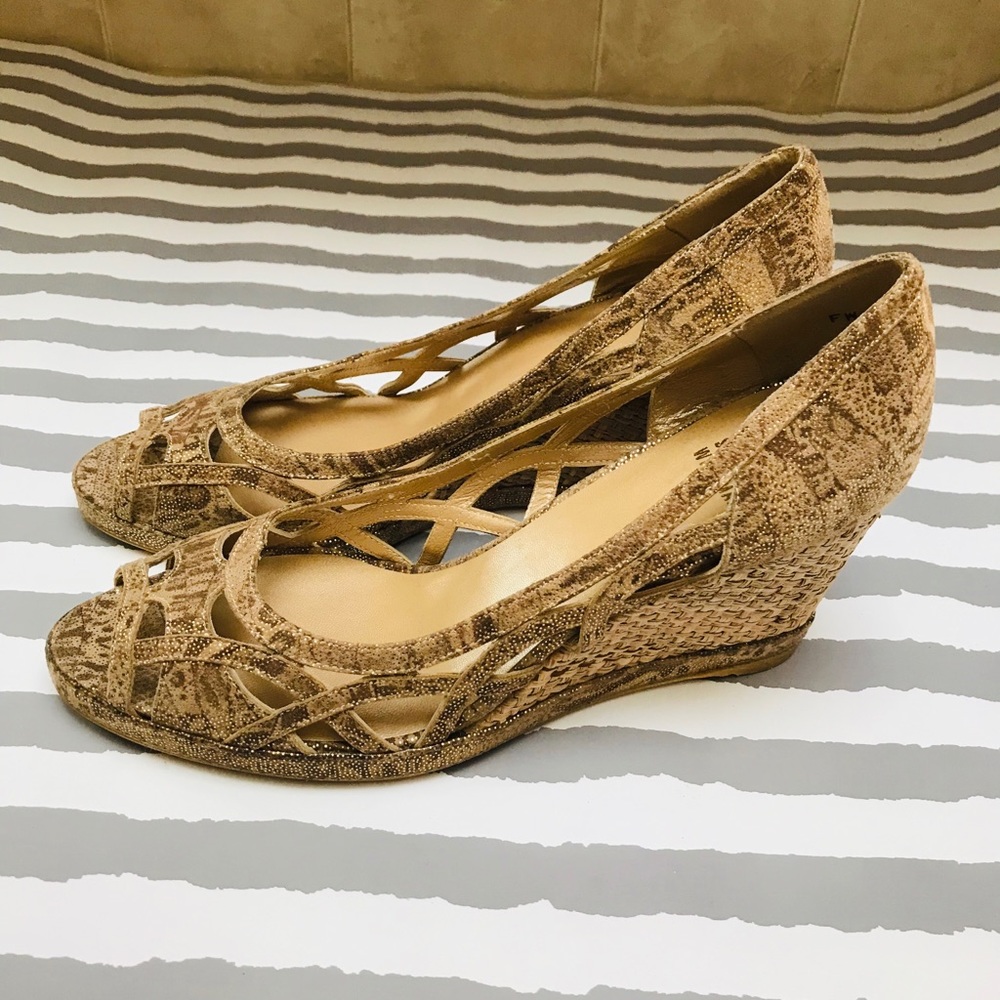 Stuart Weitzman Hurdle Tan Peep Toe Wedge Sandal